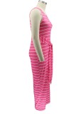 Plus Size Pink Sleeveless Sripe Maxi Tank Dress with Matching Belt