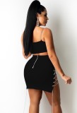 Black Hollow Out Chain Up Cami Crop Top and Skirt Two Piece Set