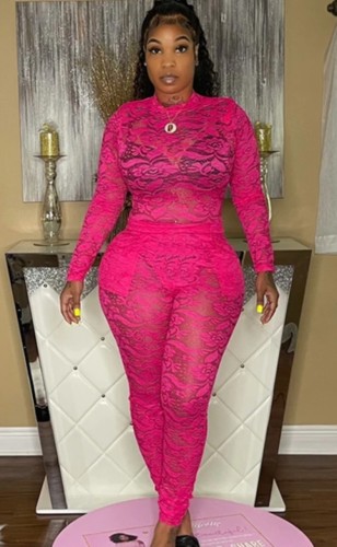 Pink See Through Rose Lace Long Sleeve Bodysuit and High Waist Pants Two Piece Set