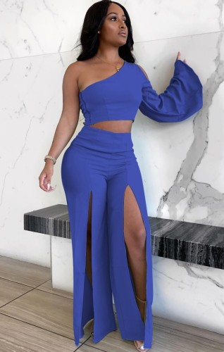 Blue One shoulder Long Sleeve Crop Top and High Slit Pant Two Piece Outfits