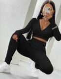 Black V-Neck Long Sleeve Crop Top and High Waist Pant Two Piece Set
