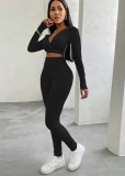 Black V-Neck Long Sleeve Crop Top and High Waist Pant Two Piece Set