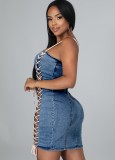 Lace-Up Blue Denim Cami Mini Slinky Dress