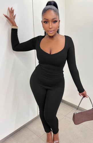 Black U-Neck Long Sleeve Fitted Shirt and High Waist Pant Two Piece Set