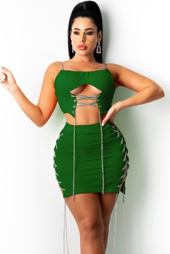 Green Hollow Out Chain Up Cami Crop Top and Skirt Two Piece Set