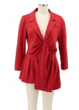 Red Turndown Collar Long sleeve Ruched Irregular Mini Dress