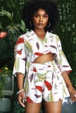 Print Half Sleeve Button Up Crop Top and Shorts Two Piece Outfits