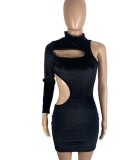 Black Cut Out One Shoulder Velvet Slinky Mini Dress