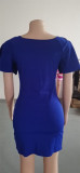 Blue Off Shoulder Wide Short Sleeves Fitted Dress