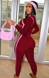 Red Print Long Sleeve O-Neck Slinky Jumpsuit