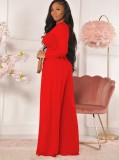 Red Long Sleeve O-Neck Crop Top and High Waist Wide Pant Two Piece Set