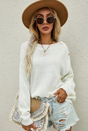 White O-Neck Button Long Sleeve Drop Shoulder Sweater
