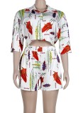 Print Half Sleeve Button Up Crop Top and Shorts Two Piece Outfits