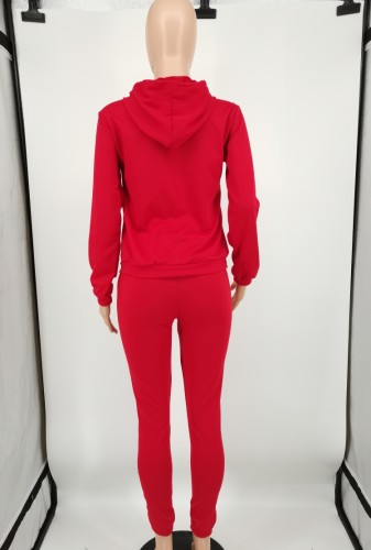 Red Bubble Sleeve Pocket Hoody Top and Pant Two Piece Set