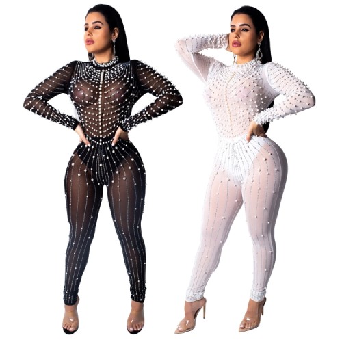 Plus Size White Beaded Long Sleeves See Through Bodycon Jumpsuit