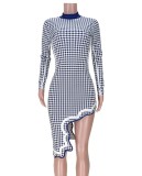 Swallow Gird Print Piping Long Sleeve Irregular Slim Fit Midi Dress