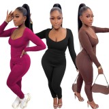 Coffee U-Neck Long Sleeve Fitted Shirt and High Waist Pant Two Piece Set