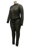 Plus Size Black Beaded Long Sleeves See Through Bodycon Jumpsuit