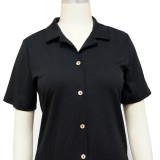 Black Short Sleeve Button Open Blouse and Pant Two Piece Set