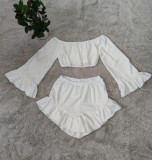 White Off Shoulder Crop Top and Wave Hem Shorts Two Piece Set