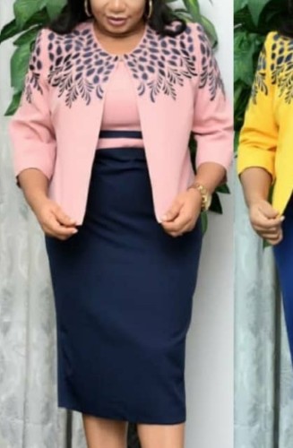 Plus Size Print Pink 3/4 Sleeves Coat and Contrast Midi Dress Two Piece Set