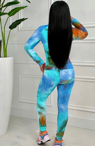 Tie Dye Zipper Open Long Sleeve Top and Pant Two Piece Set