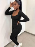 Black U-Neck Long Sleeve Fitted Shirt and High Waist Pant Two Piece Set