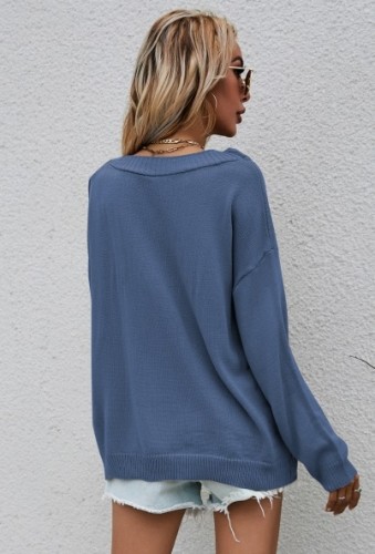 Blue O-Neck Button Long Sleeve Drop Shoulder Sweater