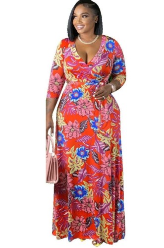 Plus Size Floral 3/4 Sleeve V-Neck Wrap Maxi Dress