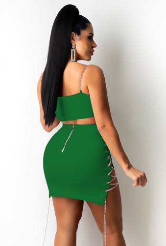 Green Hollow Out Chain Up Cami Crop Top and Skirt Two Piece Set
