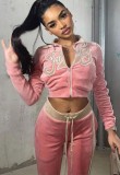 Pink Letters Embroidered Zipper Open Long Sleeve Crop Top and Drawstring Pant Two Piece Set