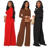Red Long Sleeve O-Neck Crop Top and High Waist Wide Pant Two Piece Set