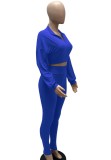 Blue Long Sleeve Zipper Collar Crop Top and High Waist Pant Two Piece Set