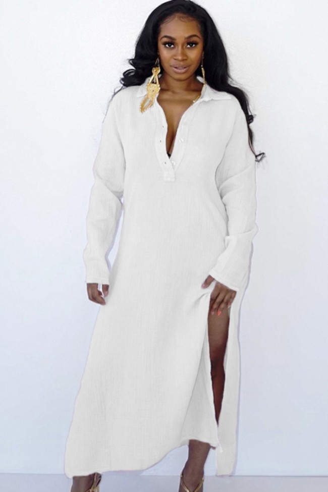 White Long Sleeve Button Up Split Long Blouse Dress
