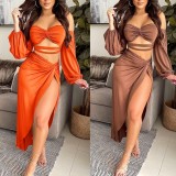 Orange Off Shoulder Bandeau Top and Irregular Maxi Skirt Two Piece Set