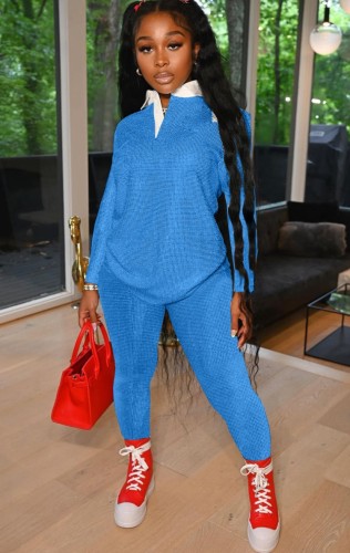 Blue Long Sleeves Shirt and Pants Two Piece Set