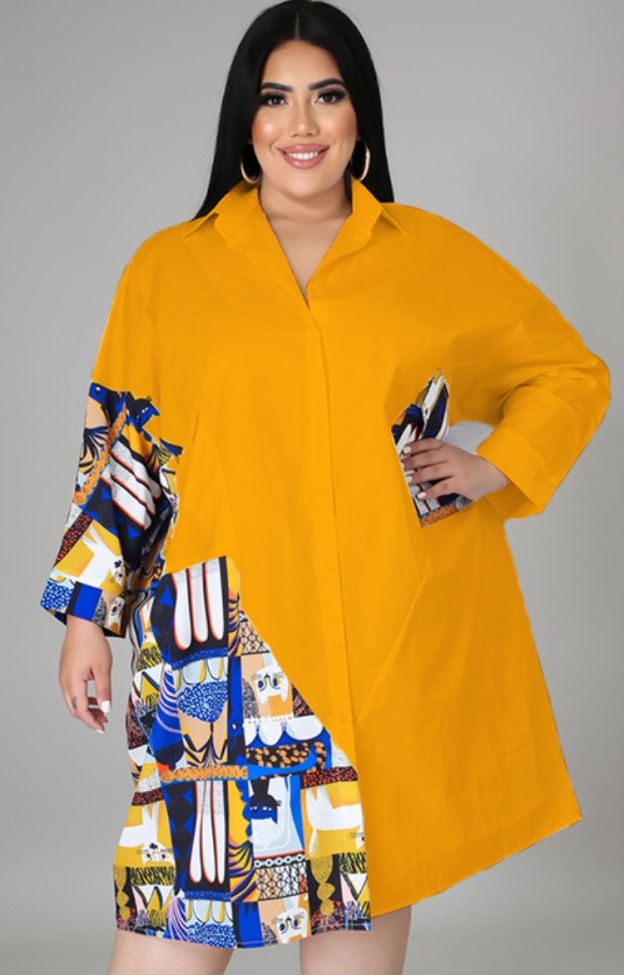 Plus Size Print Orange Patchwork Button Open Blouse Dress