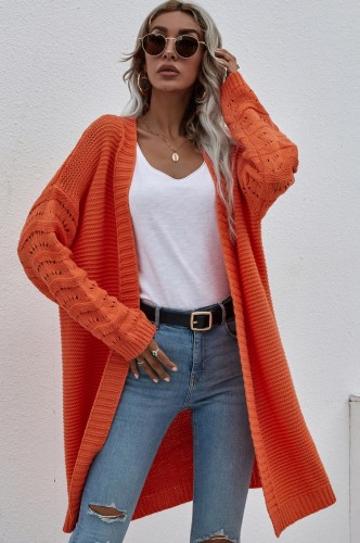 Orange Crochet Long Sleeves Dropped Shoulder Long Cardigan