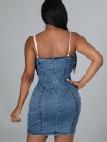 Lace-Up Blue Denim Cami Mini Slinky Dress