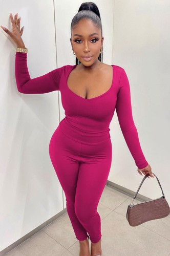 Rose U-Neck Long Sleeve Fitted Shirt and High Waist Pant Two Piece Set