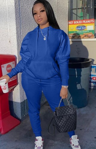 Blue Bubble Sleeve Pocket Hoody Top and Pant Two Piece Set