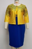 Plus Size Print Yellow 3/4 Sleeves Coat and Contrast Midi Dress Two Piece Set