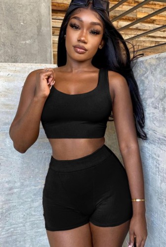 Black Tank Crop Top and Short Two Piece Set