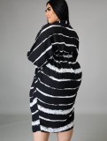 Plus Size Black Striped Bat Sleeves Button Up Loose Long Dress