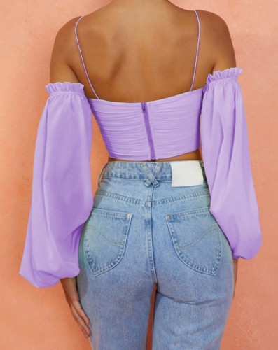 Purple Bubble Sleeves Wrap Cami Crop Top