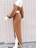 Brown Off Shoulder Bandeau Top and Irregular Maxi Skirt Two Piece Set
