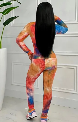 Tie Dye Zipper Open Long Sleeve Top and Pant Two Piece Set