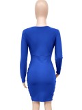 Blue V-Neck Ruched Wrap Hem Long Sleeve Skinny Dress