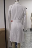White Long Sleeve Turndown Collar Office Blazer Dress with Belt