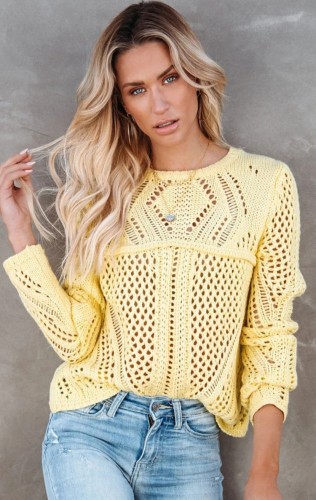 Yellow Hollow Out O-Neck Long Seelve Sweater